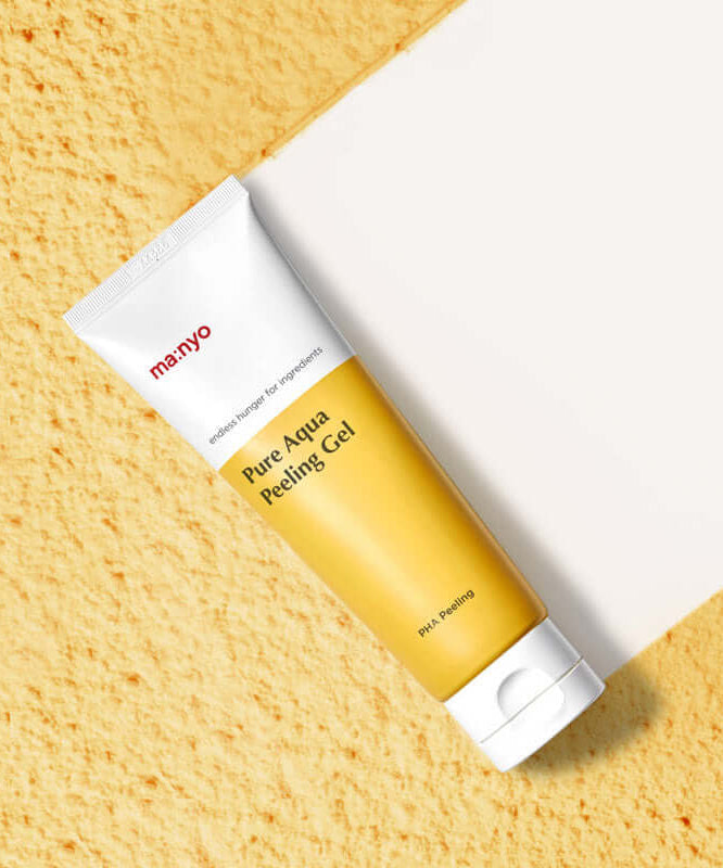 MANYO Pure Aqua Peeling Gel 120ml tube displayed on textured background.