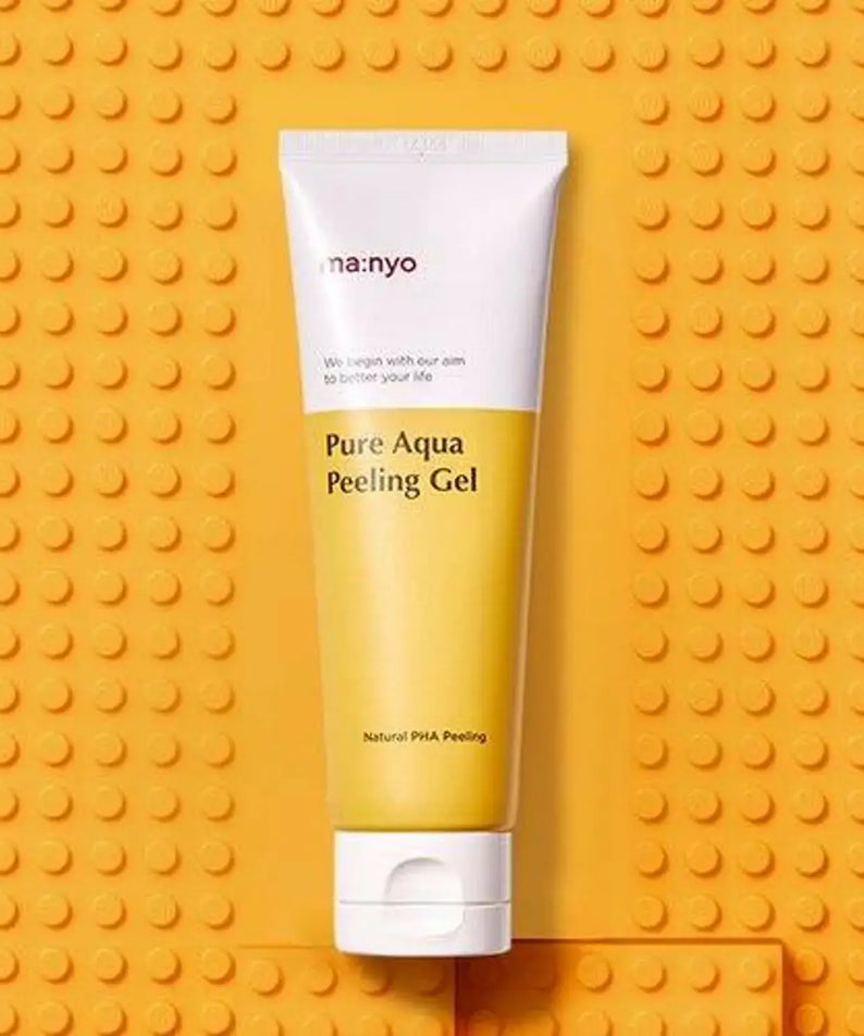 MANYO Pure Aqua Peeling Gel 120ml tube on textured yellow background