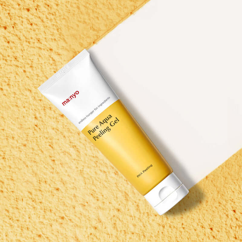 MANYO Pure Aqua Peeling Gel 120ml tube displayed on textured background.