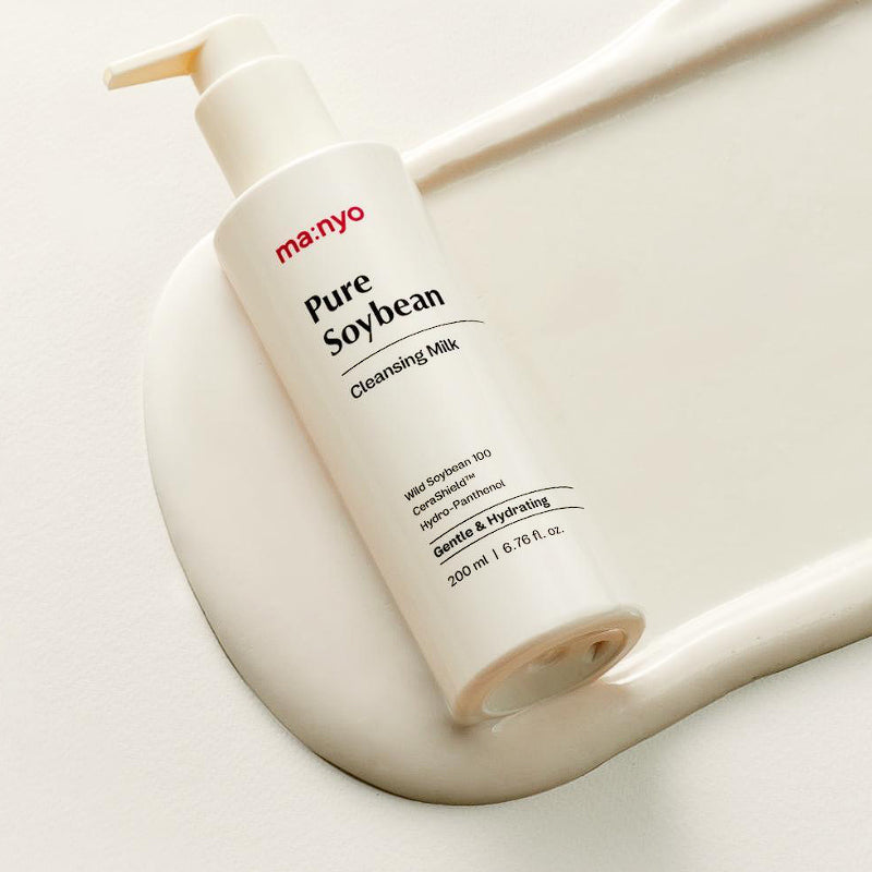 MANYO Pure Soybean Cleansing Milk 200ml bottle on creamy background