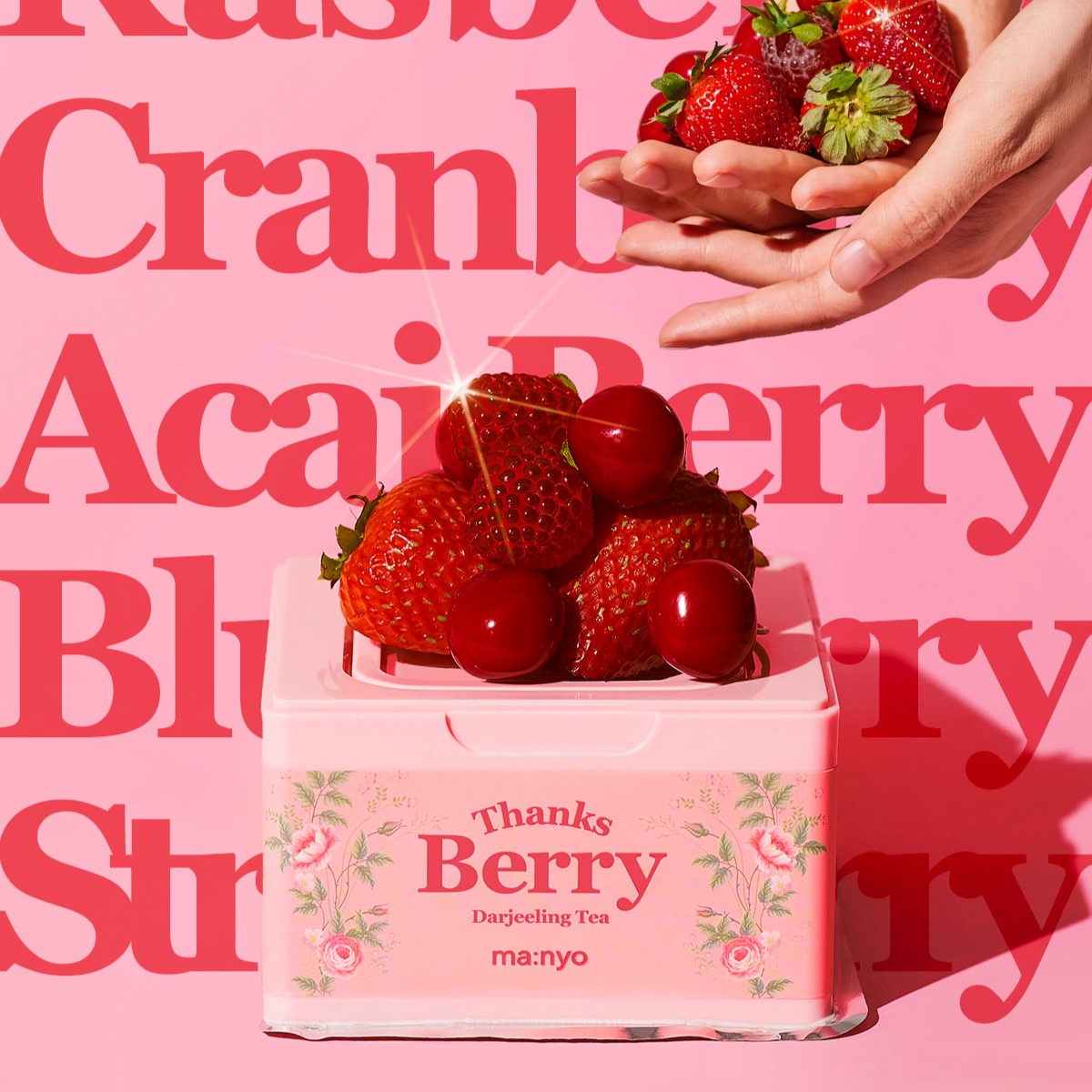 MA:NYO Thanks Berry Darjeeling Tea Facial Mask 310ml with fresh strawberries and cherries against a vibrant berry-themed background.