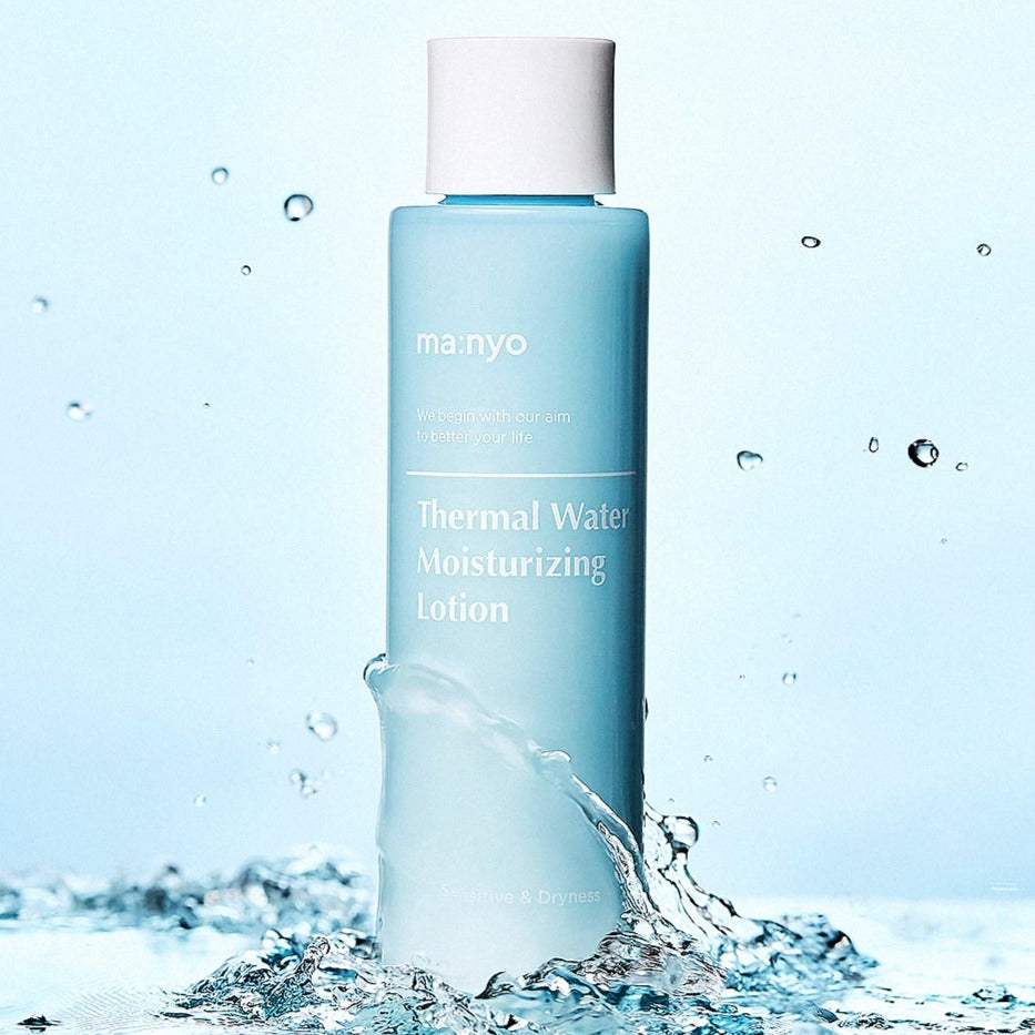MA:NYO Thermal Water Moisturizing Lotion 155ml bottle with splashing water, hydrating skincare