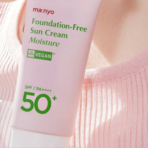 MA:NYO Vegan Foundation-Free Sun Cream Moisture SPF 50+ 50ml in a pink tube, providing high SPF protection and moisture.