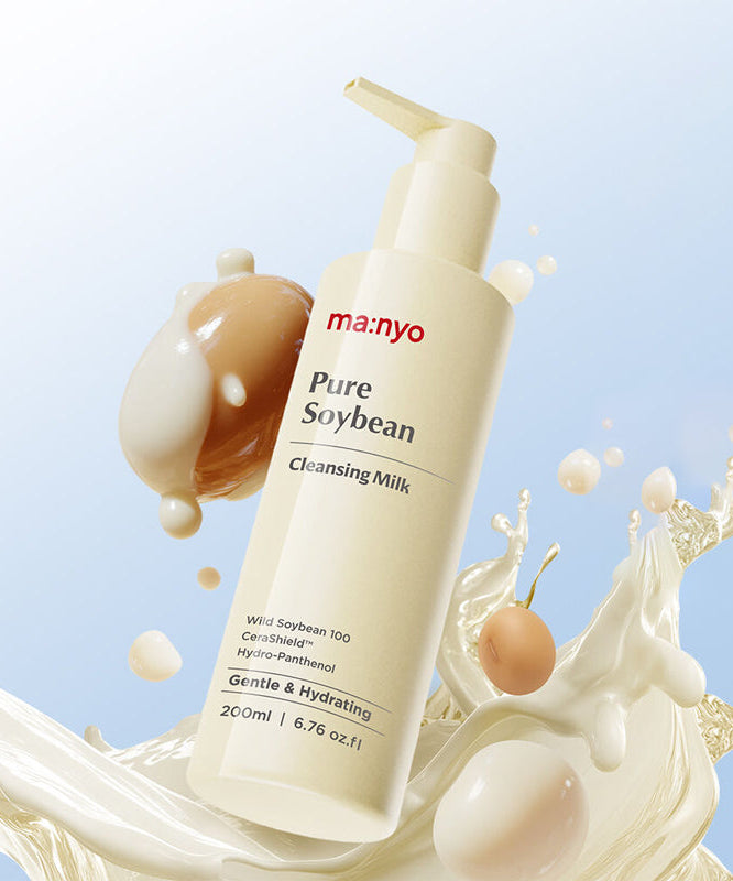 MANYO Pure Soybean Cleansing Milk 200ml bottle with soybean and cream splashes