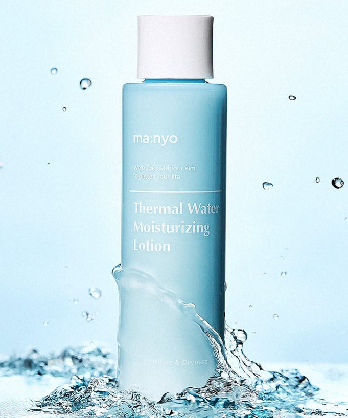 MA:NYO Thermal Water Moisturizing Lotion 155ml bottle with splashing water, hydrating skincare