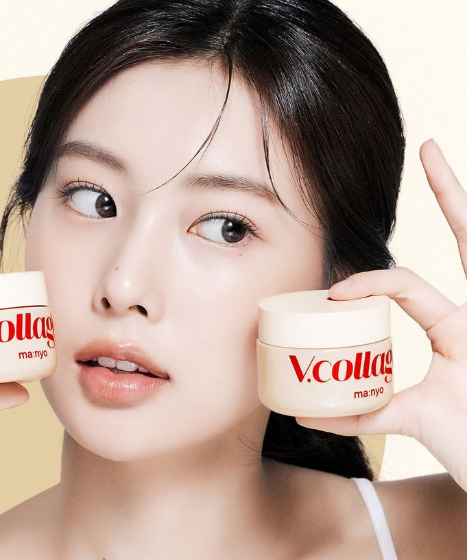 Woman holding MA:NYO V.Collagen Heart Fit Cream 50ml containers, showcasing product packaging.