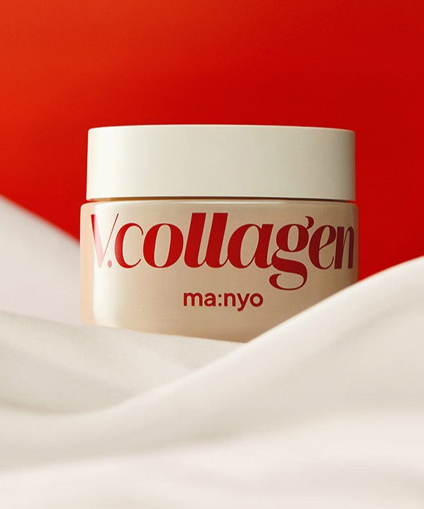 MA:NYO V.Collagen Heart Fit Cream 50ml jar on a red background with white fabric.