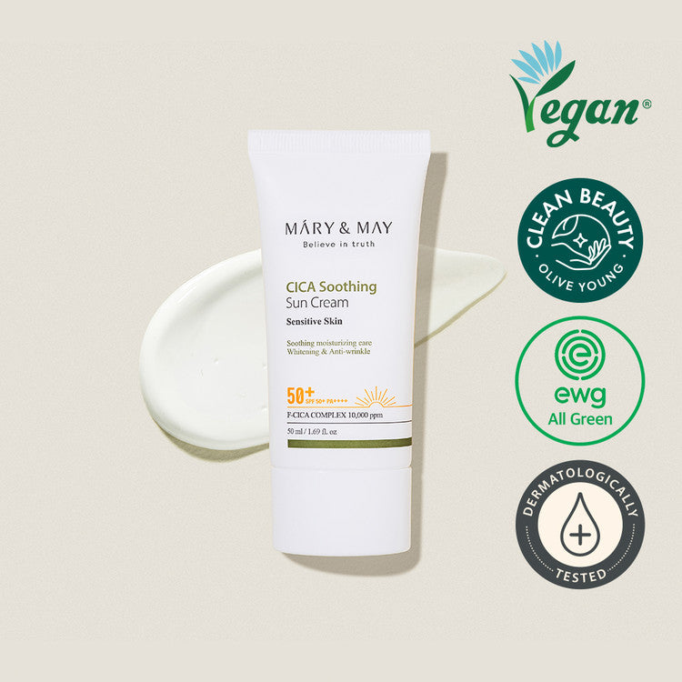 MARY & MAY Cica Soothing Sun Cream SPF 50+ 50ml tube with vegan, clean beauty, and dermatologically tested labels.