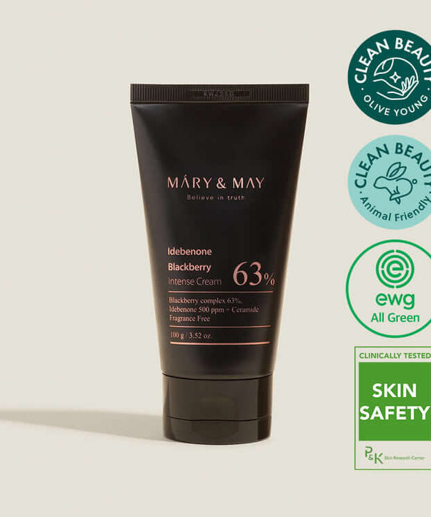 MARY & MAY Idebenone Blackberry Intense Cream product image with certifications for clean beauty, animal friendly, and skin safety.