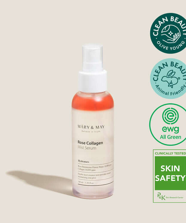 Bottle of MARY & MAY Marienmay Rose Collagen Mist Serum with certification badges