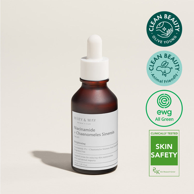 MARY & MAY Niacinamide + Chaenomeless Sinensis Serum 30ml bottle with clean beauty and skin safety certifications.