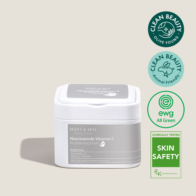 MARY & MAY Niacinamide Vitamin C Brightening Mask x30 with clean beauty and skin safety certifications