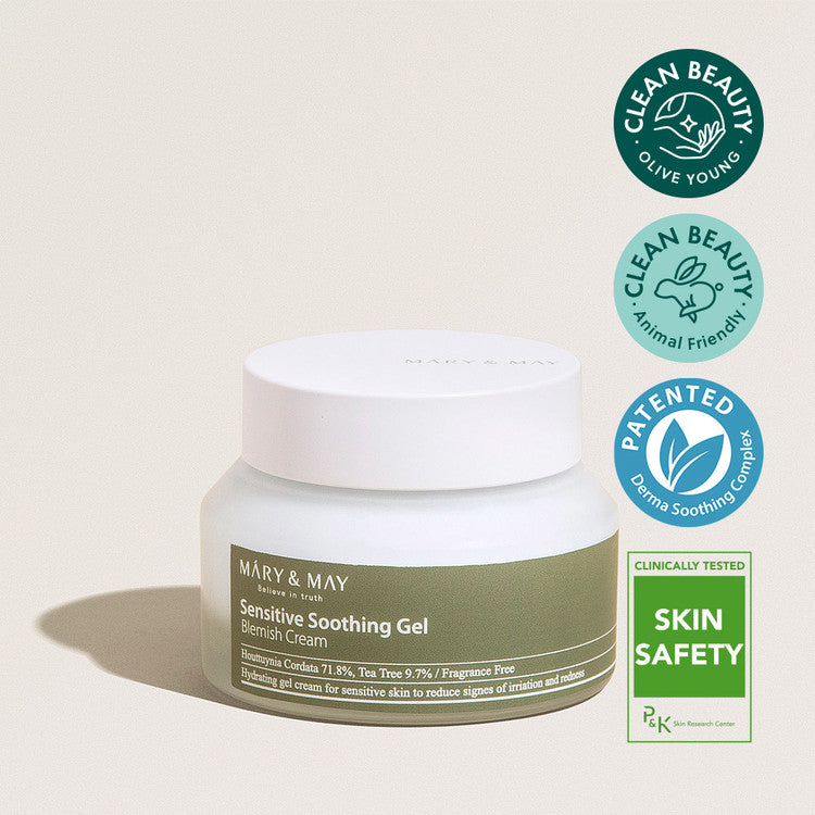 MARY & MAY Sensitive Soothing Gel Blemish Cream 70g with clean beauty and skin safety certifications.