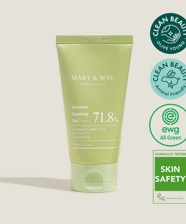MARY & MAY Sensitive Soothing Gel Cream 71.8% on display with clean beauty and skin safety certifications.