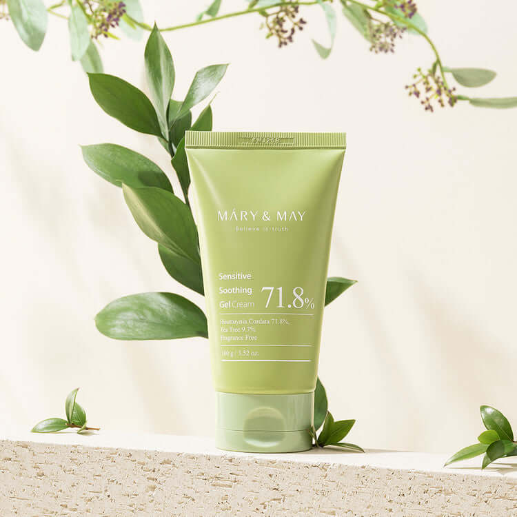 MARY & MAY Sensitive Soothing Gel Cream tube with natural leaves background