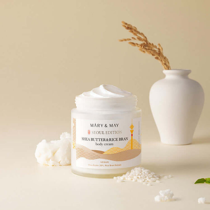 MARY & MAY Shea Butter & Rice Bran body Cream in jar with decorative setting