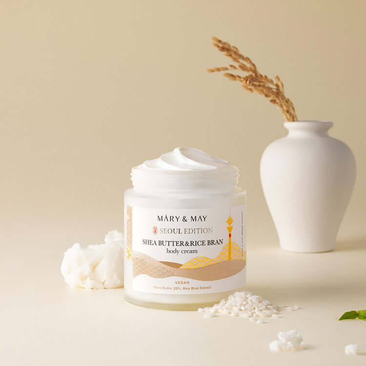 MARY & MAY Shea Butter & Rice Bran body Cream in jar with decorative setting