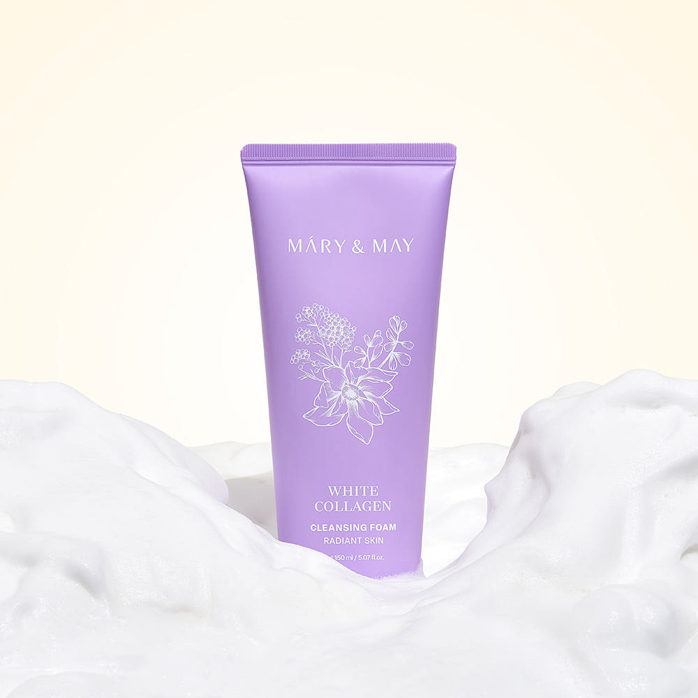 MARY&MAY White Collagen Cleansing Foam 150ml on foam backdrop