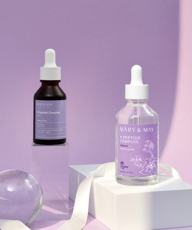 MARY&MAY 6 Peptide Complex Serum 80ml products on display with a purple background highlighting skincare benefits.