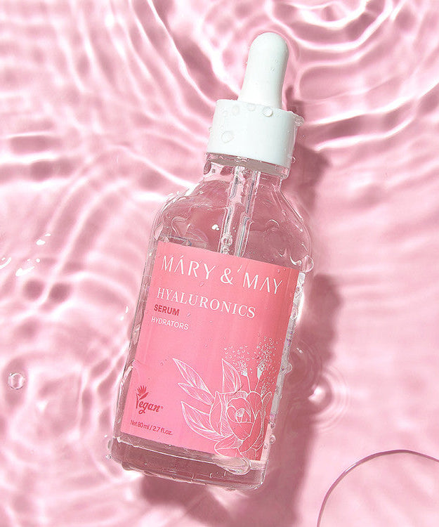 MARY&MAY Hyaluronic Serum 80ml bottle with water ripples and pink design background