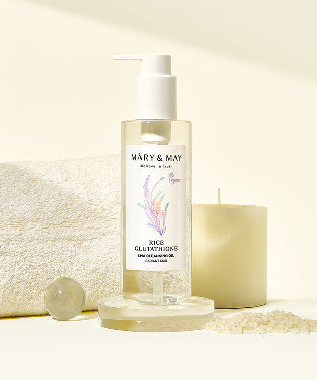 MARY&MAY Rice Glutathione Laha Cleansing Oil 200ml bottle with spa setting background