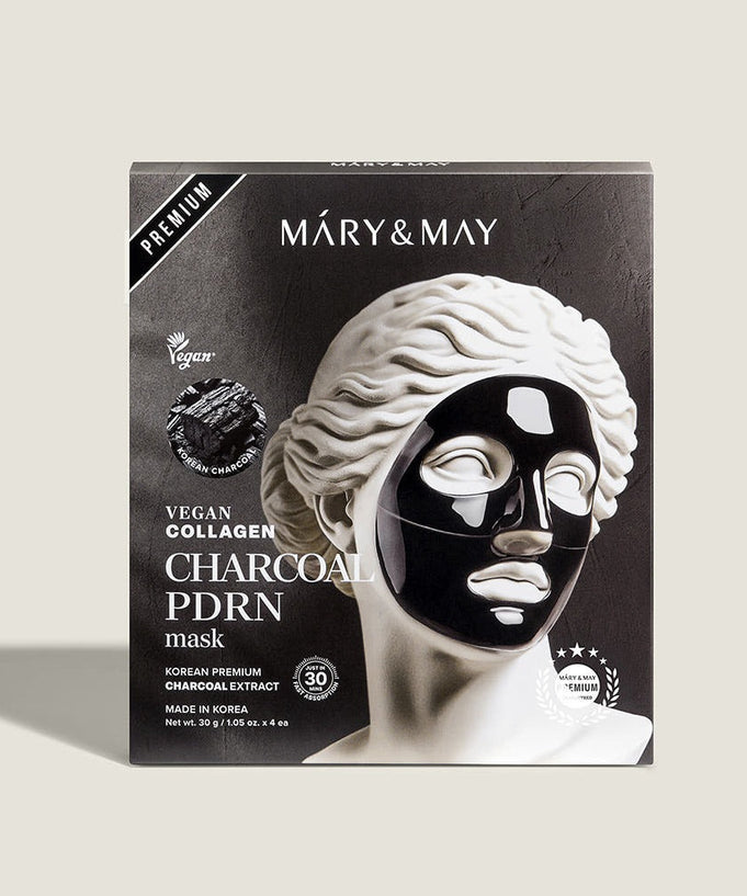Box of MARY&MAY Vegan Collagen Charcoal PDRN Gel Mask (4 Sheets), featuring a sculpted face with a black mask on the packaging.