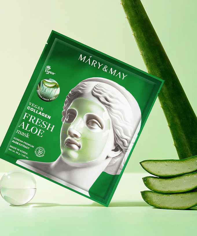 MARY&MAY Vegan Collagen Fresh Aloe Gel Mask (4 sheets) package with aloe and green background