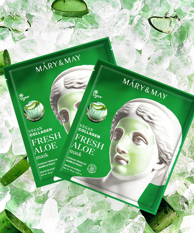 MARY&MAY Vegan Collagen Fresh Aloe Gel Mask (4 sheets) packaging with aloe background