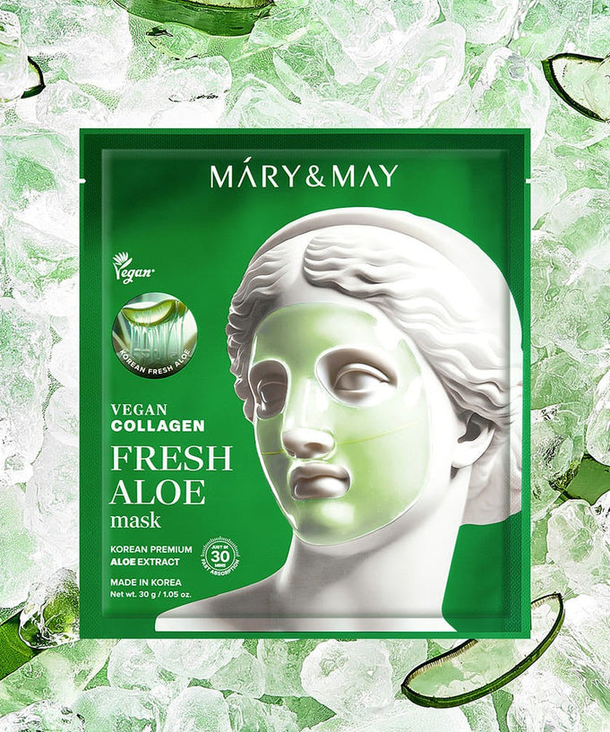 Packaging for MARY&MAY Vegan Collagen Fresh Aloe Gel Mask (4 sheets) with artistic design on a background of aloe and ice.
