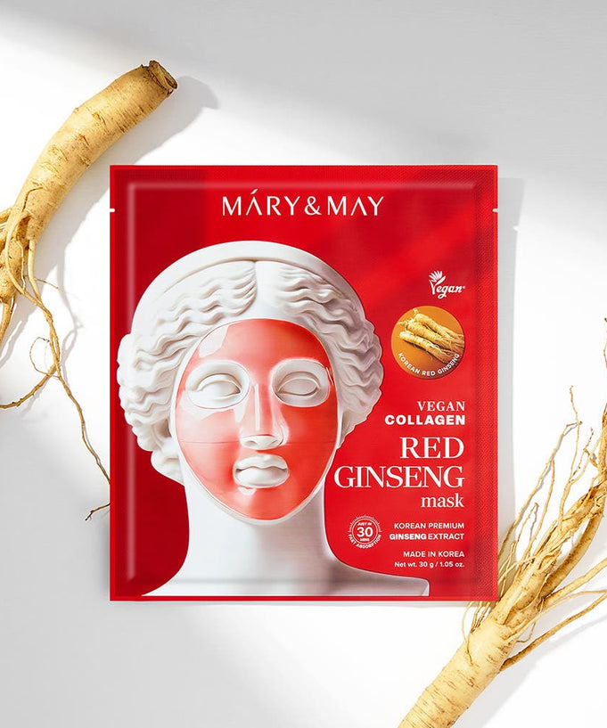 MARY&MAY Vegan Collagen Red Ginseng Gel Mask (4 sheets) displayed with ginseng roots
