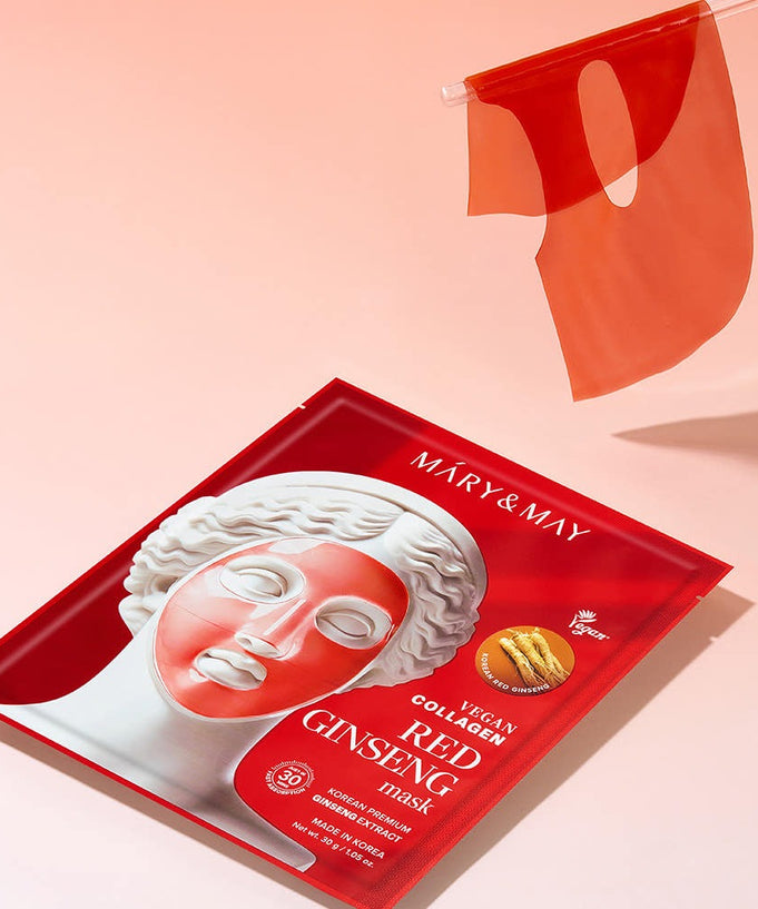MARY&MAY Vegan Collagen Red Ginseng Gel Mask (4 sheets) with packaging and sheet mask displayed on pink background.