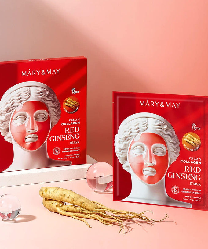 MARY&MAY Vegan Collagen Red Ginseng Gel Mask (4 sheets) with red packaging and white statue head design