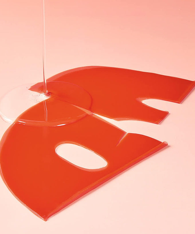 MARY&MAY Vegan Collagen Red Ginseng Gel Mask (4 sheets) on display with texture and color emphasis.