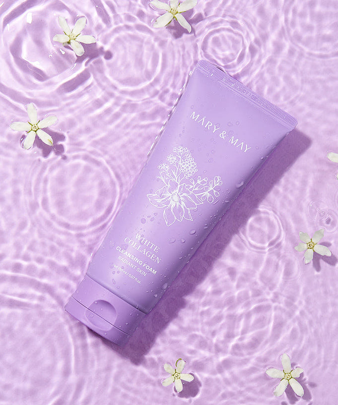 MARY&MAY White Collagen Cleansing Foam 150ml on pink floral water background
