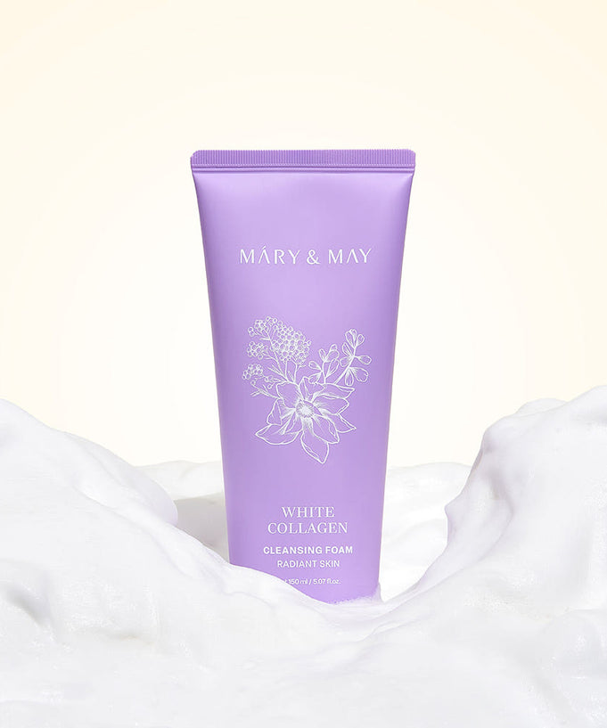 MARY&MAY White Collagen Cleansing Foam 150ml on foam backdrop