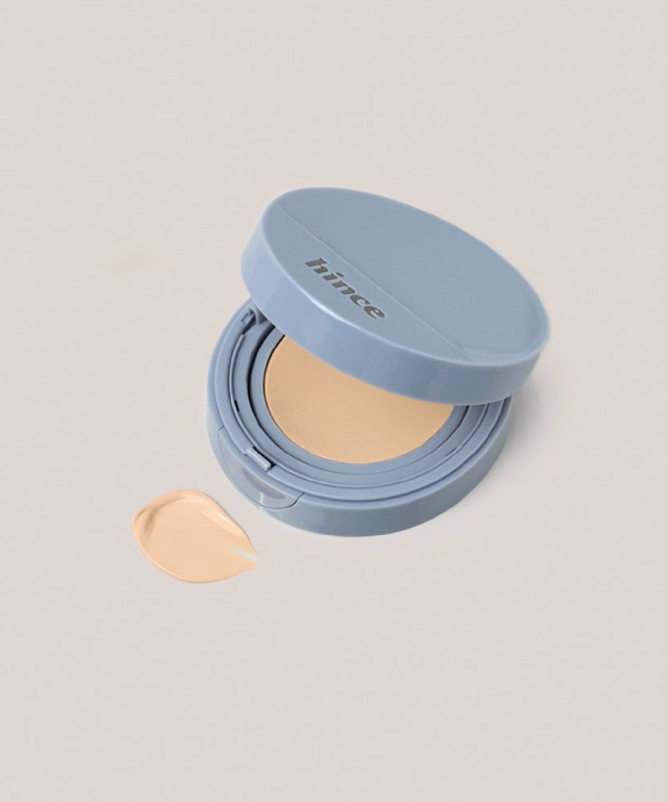 HINCE Second Skin Mesh Matte Cushion in sleek compact case with beige foundation swatch, ideal for a flawless matte finish look.