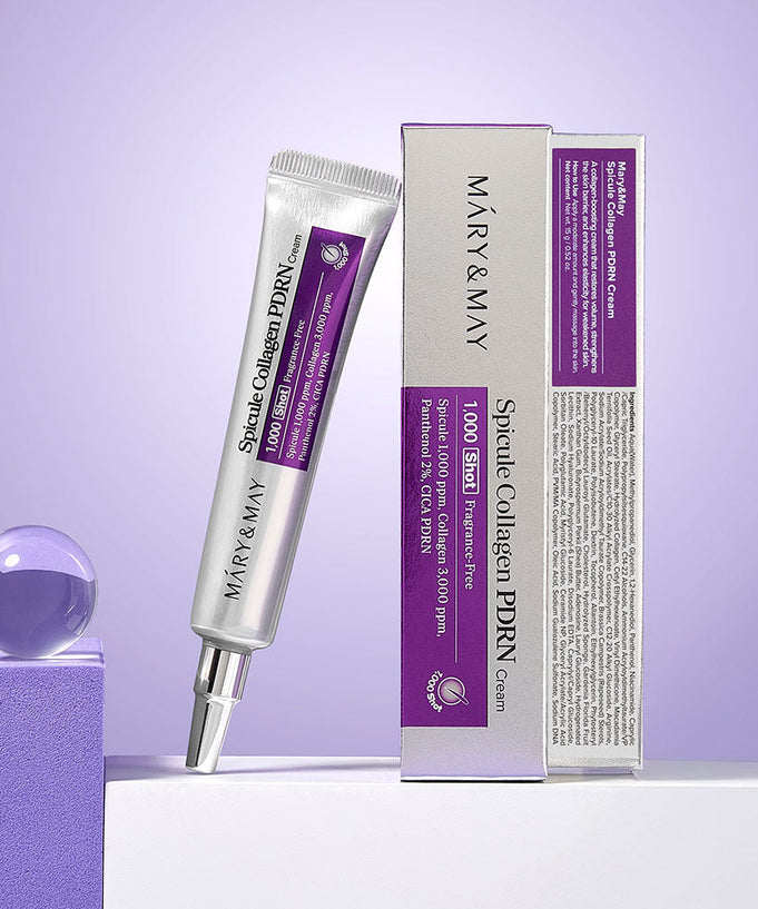 MARY&MAY Speckle Collagen PDRN Cream 15g with box, anti-aging skincare product, purple background