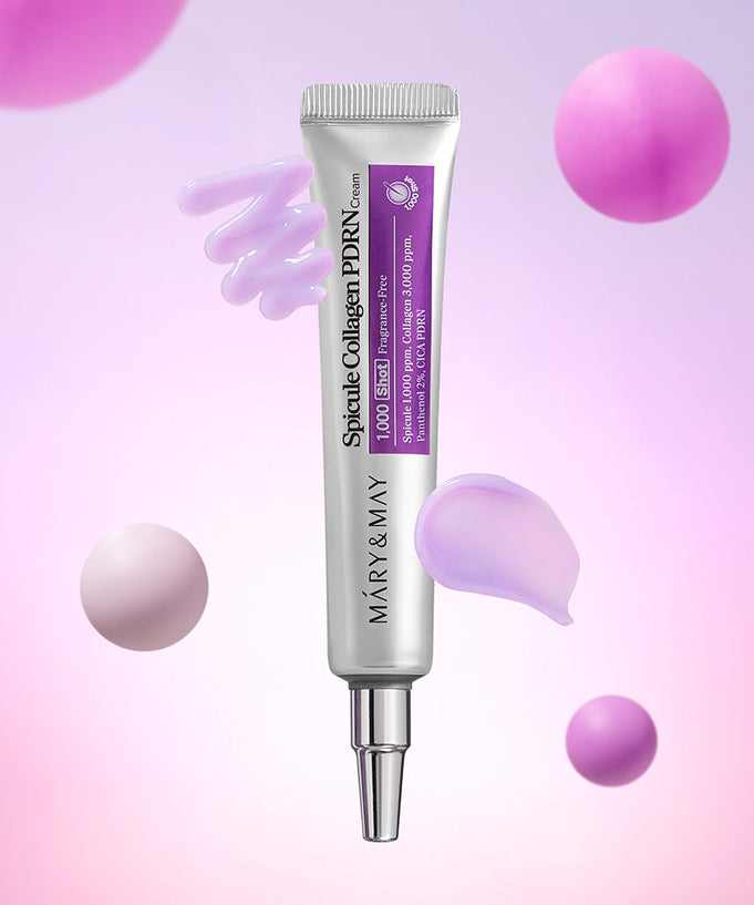 MARY&MAY Speckle Collagen PDRN Cream 15g tube with pink and purple background.