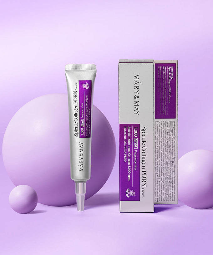 MARY&MAY Speckle Collagen PDRN Cream 15g with packaging displayed on a purple background