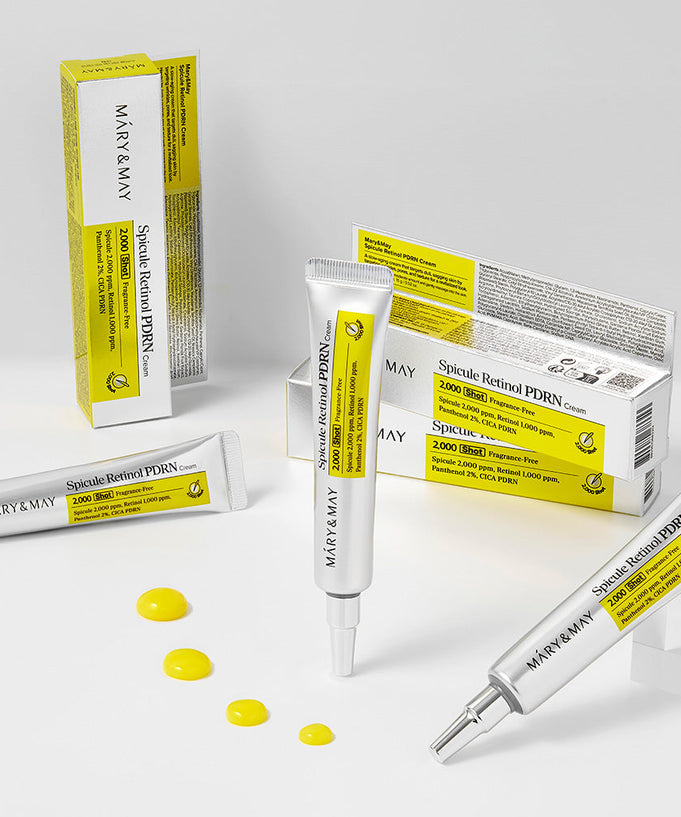 MARY&MAY Speculum Retinol PDRN Cream 15g tubes and packaging on display