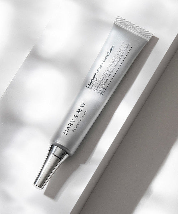 MARY&MAY Tranexamic Acid Glutathione Eye Cream 30ml tube on a white background