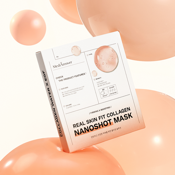 Box of MEDIANSWER Real Skin Fit Collagen Nanoshot Mask 5 sheets with collagen bubble design
