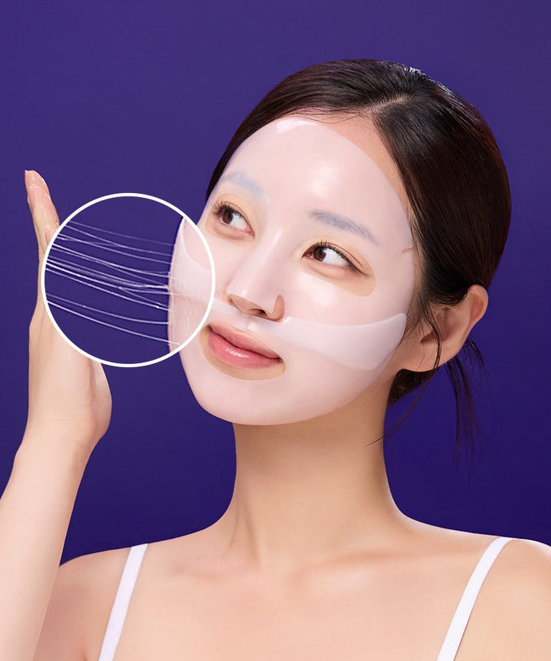 Woman wearing MEDIANSWER Retinoid Liftsil Mask (4 sheets) showing texture and fit with detailed focus, skincare demonstration.