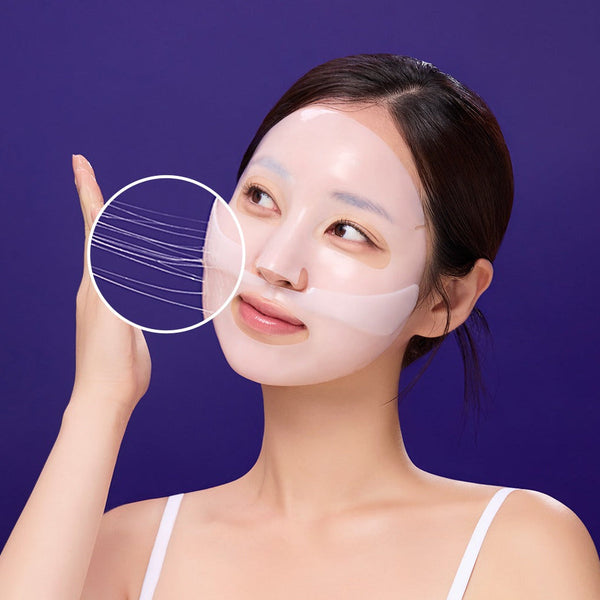 Woman wearing MEDIANSWER Retinoid Liftsil Mask (4 sheets) showing texture and fit with detailed focus, skincare demonstration.