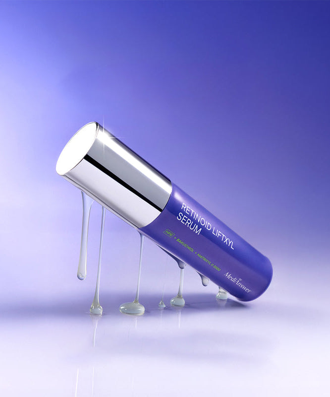 Image of MEDIANSWER Retinoid Liftsil Serum 30ml bottle on a purple background