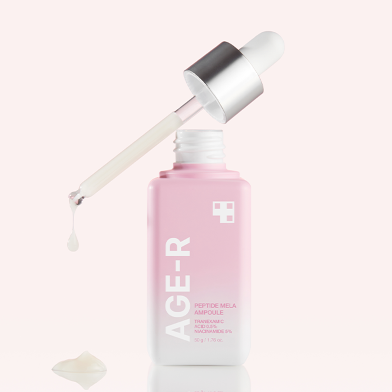 MEDICUBE AGE-R Peptide Mela Ampoule 50g with dropper, showcasing skincare serum texture