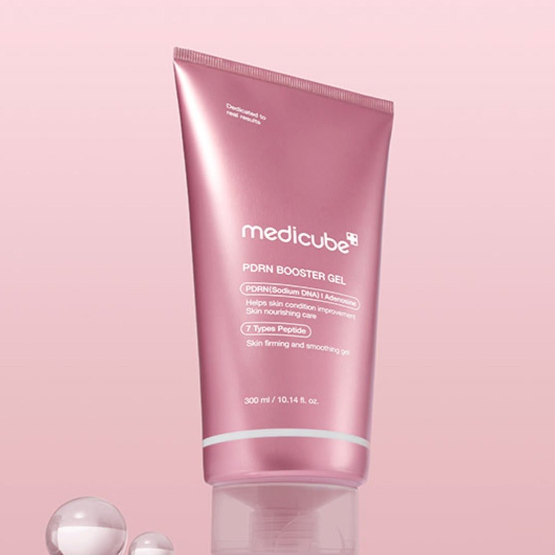 MEDICUBE Age-R PDRN Booster Gel 300ml in pink packaging, 300ml size, showing product details and round gel texture