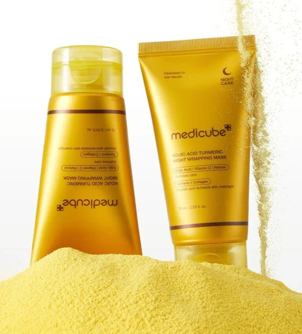 MEDICUBE Kojic Acid Turmeric Vita Wrapping Mask 75ml in vibrant gold packaging with turmeric powder accent, 75ml tubes