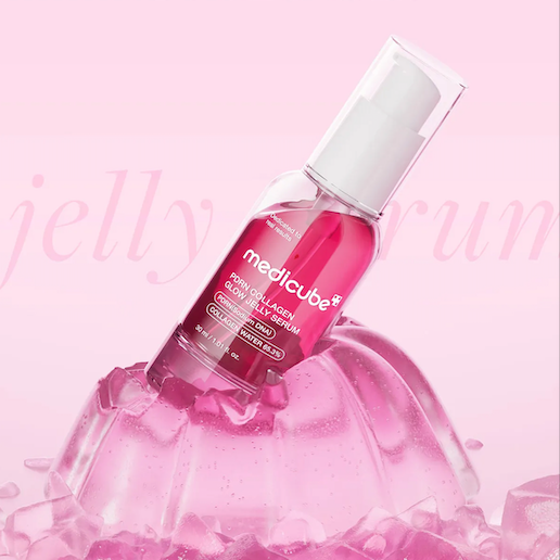 MEDICUBE PDRN Collagen Glow Jelly Serum 30ml bottle on pink background with jelly
