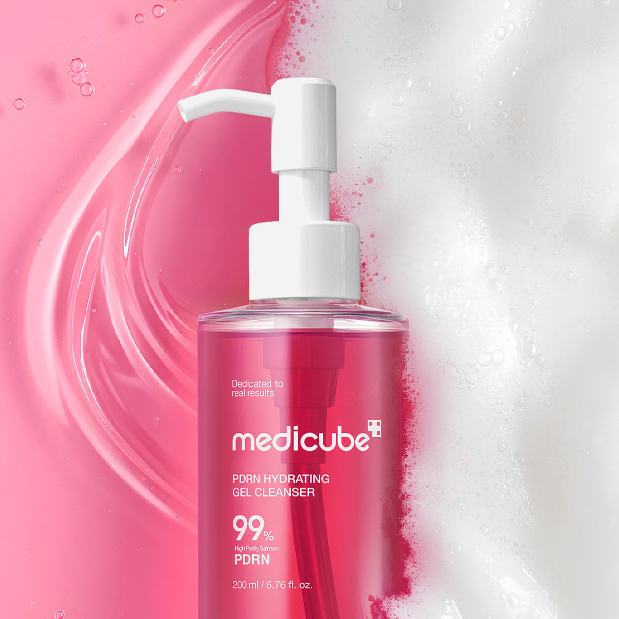 MEDICUBE PDRN Gel-To-Foam Cleanser 200ml bottle with foamy texture in background